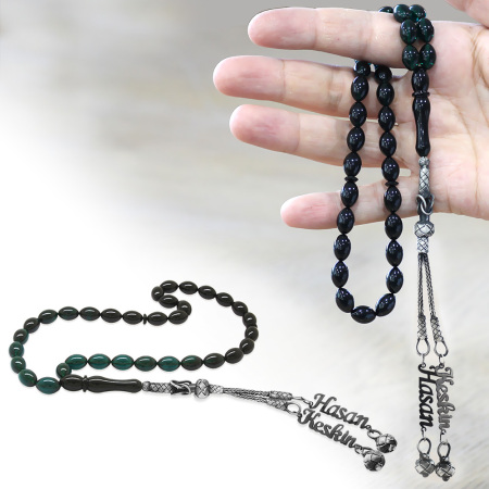 1000 Ayar Gümüş Çift Kazaz Püsküllü Arpa Kesim İsim Yazılı Turkuaz Ateş Kehribar Tesbih - Tesbihane