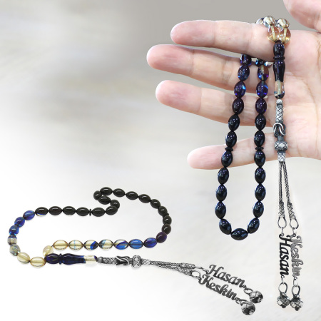 1000 Ayar Gümüş Çift Kazaz Püsküllü Arpa Kesim İsim Yazılı Mavi Ateş Kehribar Tesbih - Tesbihane