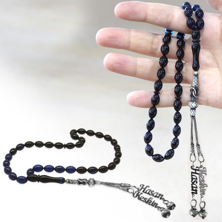 1000 Ayar Gümüş Çift Kazaz Püsküllü Arpa Kesim İsim Yazılı Mavi Sıkma Kehribar Tesbih - Tesbihane