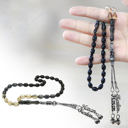 1000 Ayar Gümüş Çift Kazaz Püsküllü Arpa Kesim İsim Yazılı Beyaz - Siyah Ateş Kehribar Tesbih - Tesbihane