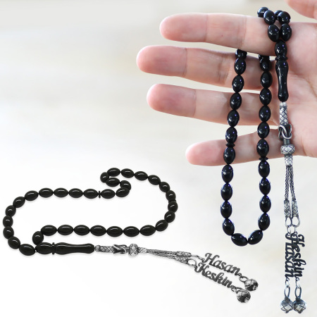 1000 Ayar Gümüş Çift Kazaz Püsküllü Arpa Kesim İsim Yazılı Siyah Sıkma Kehribar Tesbih - Tesbihane