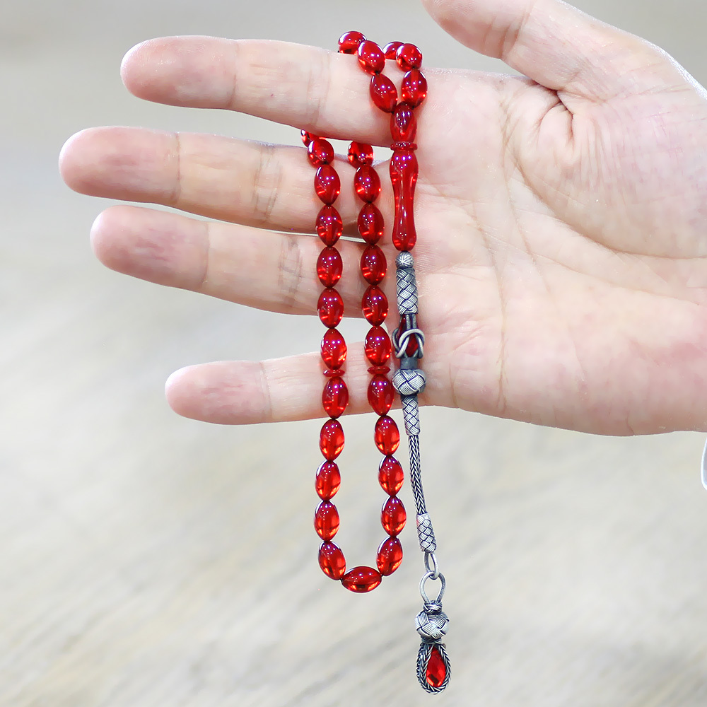 1000 Ayar Gümüş Kazaz Püsküllü Arpa Kesim Amber Kırmızı Ateş Kehribar Tesbih - 3
