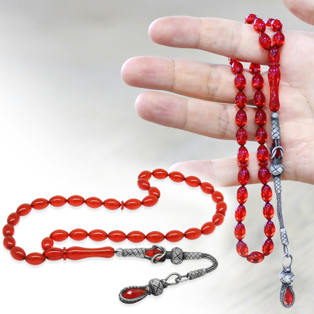 1000 Ayar Gümüş Kazaz Püsküllü Arpa Kesim Amber Kırmızı Ateş Kehribar Tesbih - Tesbihane