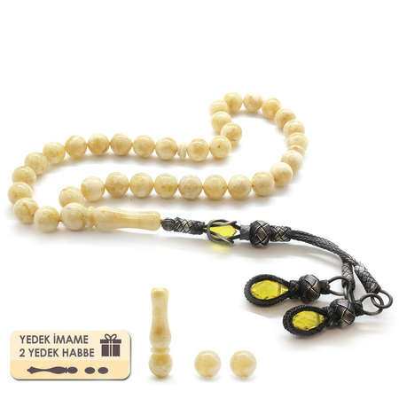 1000 Ayar Gümüş Çift Kazaz Püsküllü Küre Kesim Sarı Damla Kehribar Tesbih - Tesbihane