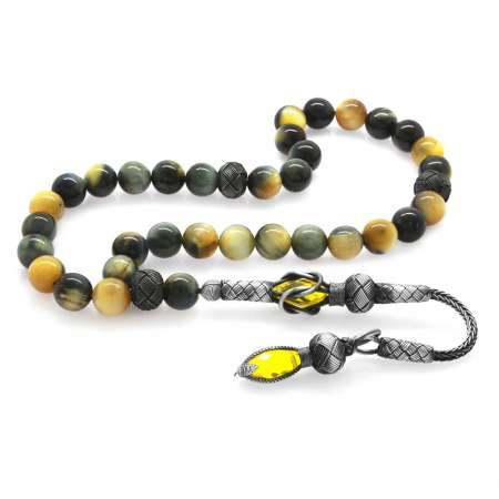 1000 Ayar Gümüş Kazaz Püskül Küre Kesim Karışık Renk Kaplan Gözü Doğaltaş Tesbih - Tesbihane