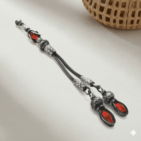 Kırmızı Zirkon Taşlı 2 li 1000 Ayar Gümüş Kazaz Püskül - Tesbihane