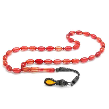 1000 Ayar Gümüş Kazaz Püsküllü Arpa Kesim Açık Kırmızı Ateş Kehribar Tesbih - Tesbihane