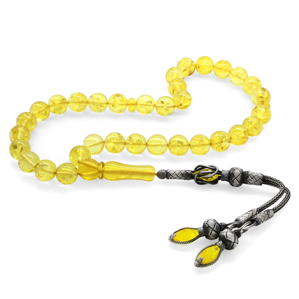 1000 Ayar Gümüş Kazaz Püsküllü Küre Kesim Kristal Desenli Soft Sarı Damla Kehribar Tesbih - 1