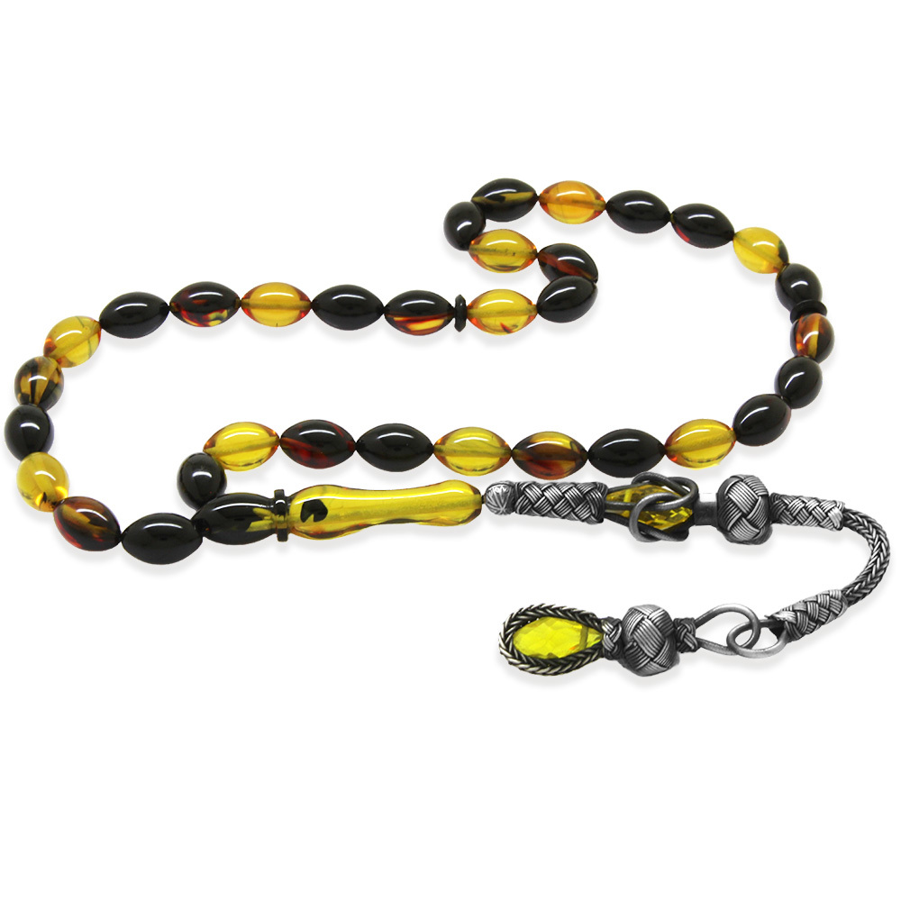 1000 Ayar Gümüş Kazaz Püsküllü Arpa Kesim Bala Siyah Ateş Kehribar Tesbih - 2