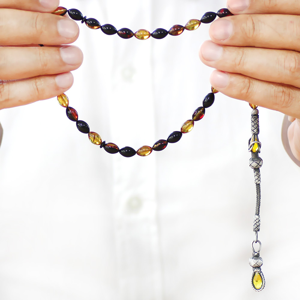 1000 Ayar Gümüş Kazaz Püsküllü Arpa Kesim Bala Siyah Ateş Kehribar Tesbih - 4