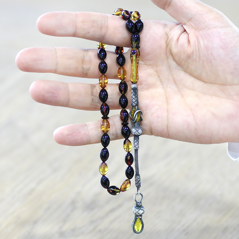 1000 Ayar Gümüş Kazaz Püsküllü Arpa Kesim Bala Siyah Ateş Kehribar Tesbih - 3