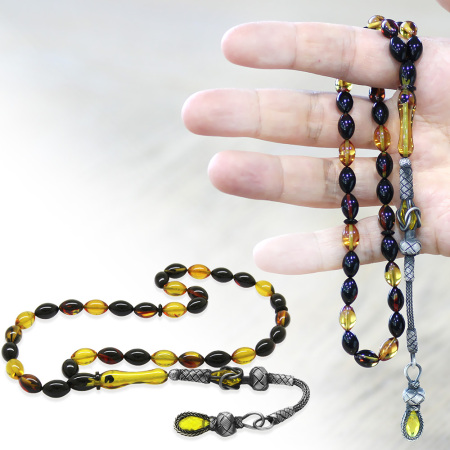 1000 Ayar Gümüş Kazaz Püsküllü Arpa Kesim Bala Siyah Ateş Kehribar Tesbih - Tesbihane