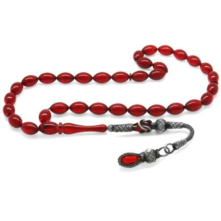 1000 Ayar Gümüş Kazaz Püsküllü Arpa Kesim Bayrak Kırmızı Ateş Kehribar Tesbih - Tesbihane