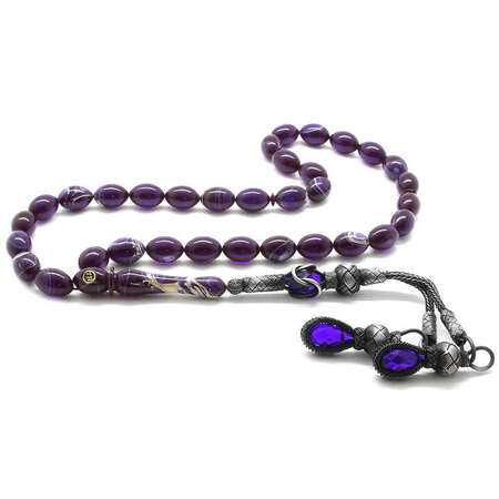 1000 Ayar Gümüş Kazaz Püsküllü Arpa Kesim Hareli Mor Sıkma Kehribar Tesbih - Tesbihane