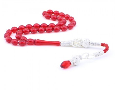 1000 Ayar Gümüş Kazaz Püsküllü Arpa Kesim Kırmızı Sıkma Kehribar Tesbih - Tesbihane