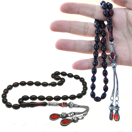 1000 Ayar Gümüş Çift Kazaz Püsküllü Arpa Kesim Kırmızı Siyah Ateş Kehribar Tesbih - Tesbihane