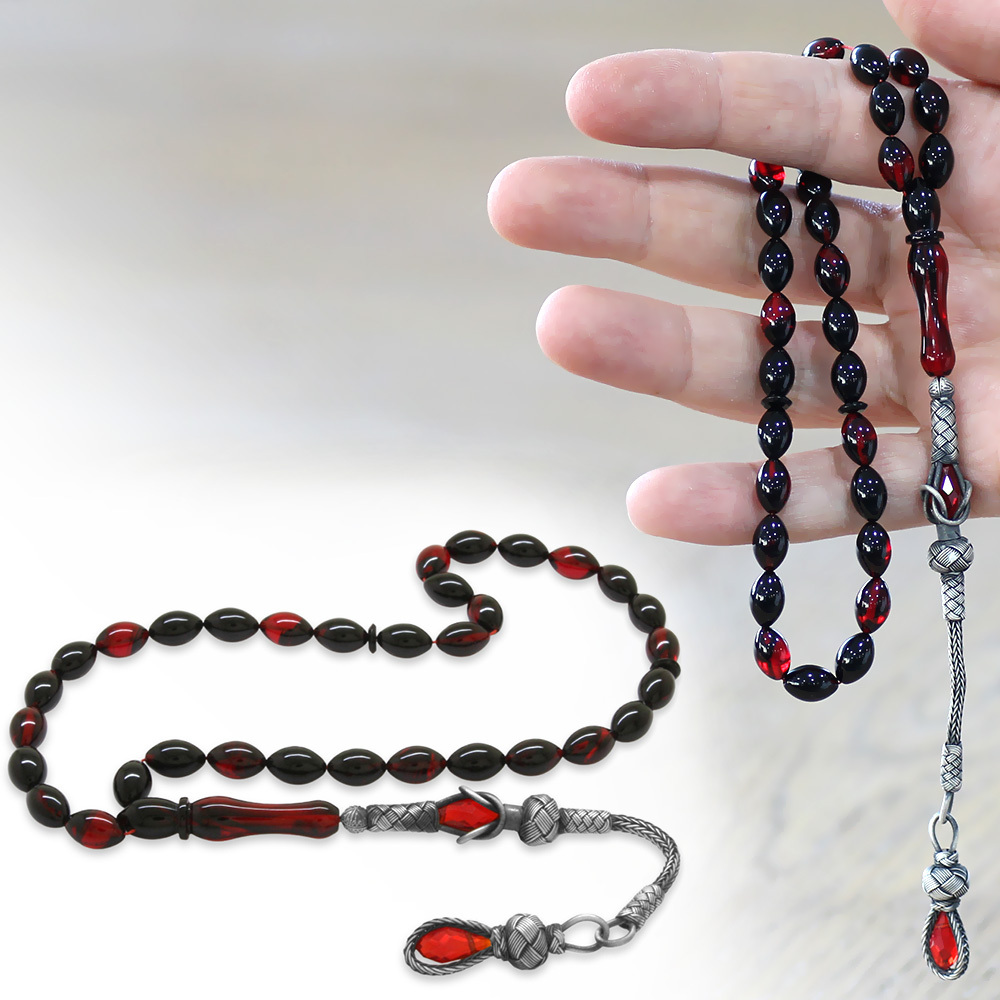 1000 Ayar Gümüş Kazaz Püsküllü Arpa Kesim Kırmızı Siyah Ateş Kehribar Tesbih - 1