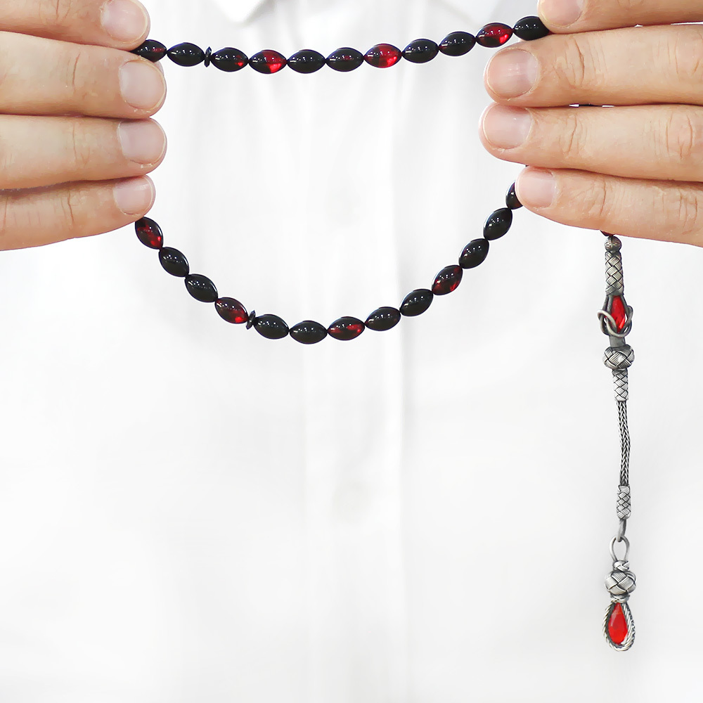 1000 Ayar Gümüş Kazaz Püsküllü Arpa Kesim Kırmızı Siyah Ateş Kehribar Tesbih - 3