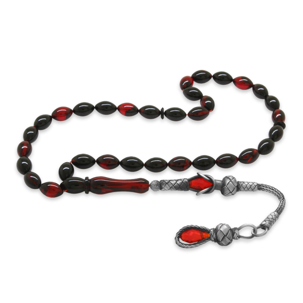1000 Ayar Gümüş Kazaz Püsküllü Arpa Kesim Kırmızı Siyah Ateş Kehribar Tesbih - 4