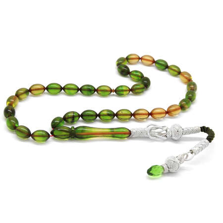 1000 Ayar Gümüş Kazaz Püsküllü Arpa Kesim Krem-Yeşil Ateş Kehribar Tesbih - Tesbihane