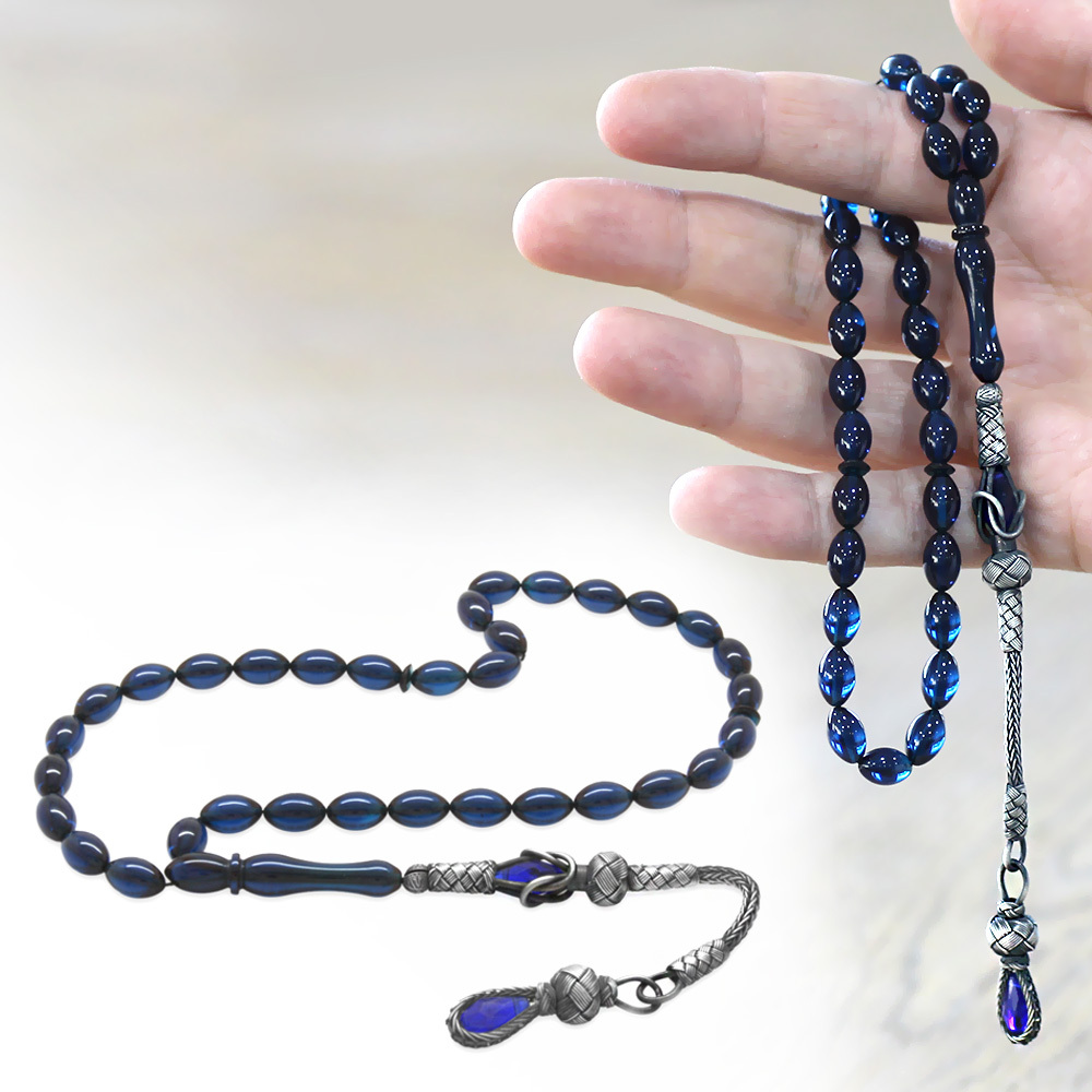 1000 Ayar Gümüş Kazaz Püsküllü Arpa Kesim Lacivert Sıkma Kehribar Tesbih - 1