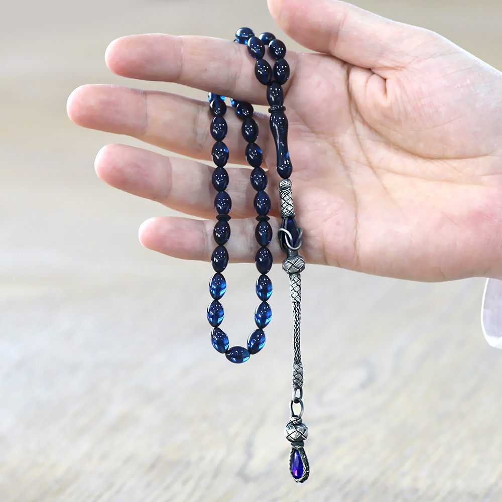 1000 Ayar Gümüş Kazaz Püsküllü Arpa Kesim Lacivert Sıkma Kehribar Tesbih - 2