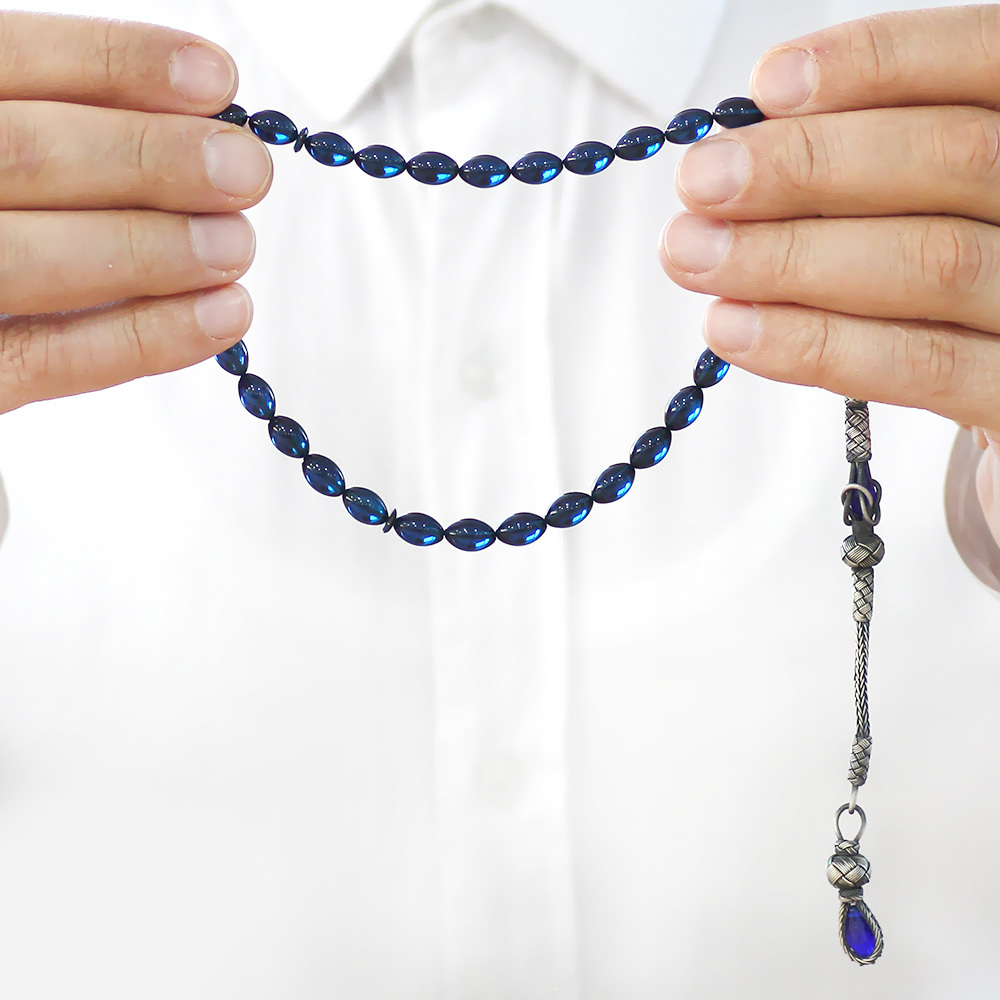 1000 Ayar Gümüş Kazaz Püsküllü Arpa Kesim Lacivert Sıkma Kehribar Tesbih - 3