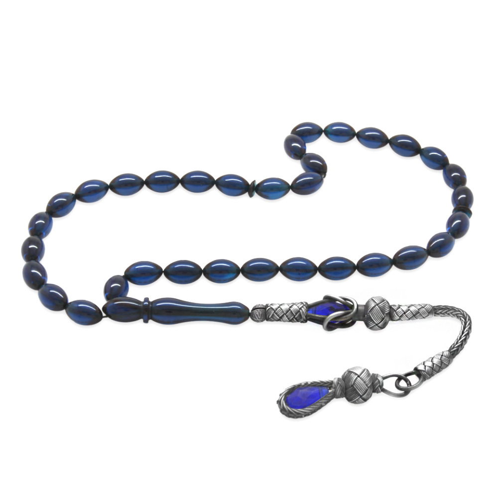 1000 Ayar Gümüş Kazaz Püsküllü Arpa Kesim Lacivert Sıkma Kehribar Tesbih - 4