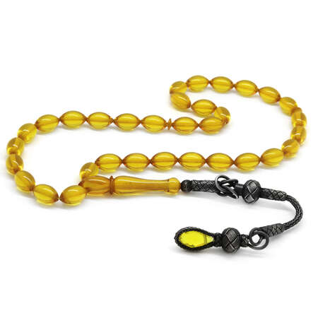 1000 Ayar Gümüş Kazaz Püsküllü Arpa Kesim Limon Sarı Ateş Kehribar Tesbih - Tesbihane