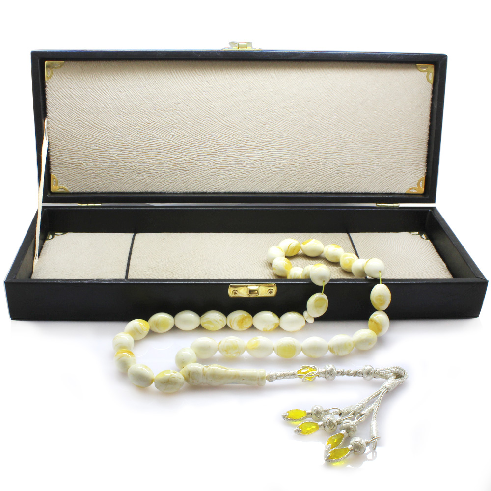 1000 Ayar Gümüş Kazaz Püsküllü Arpa Kesim Maxi Boy King Seccer Beyaz Damla Kehribar Tesbih - 2