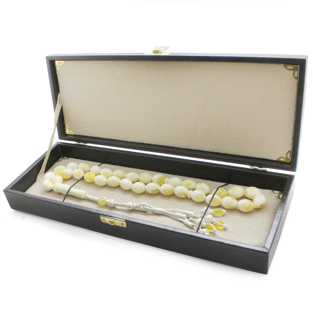 1000 Ayar Gümüş Kazaz Püsküllü Arpa Kesim Maxi Boy King Seccer Beyaz Damla Kehribar Tesbih - 3