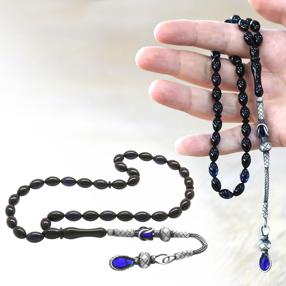 1000 Ayar Gümüş Kazaz Püsküllü Arpa Kesim Mavi Siyah Sıkma Kehribar Tesbih - 1