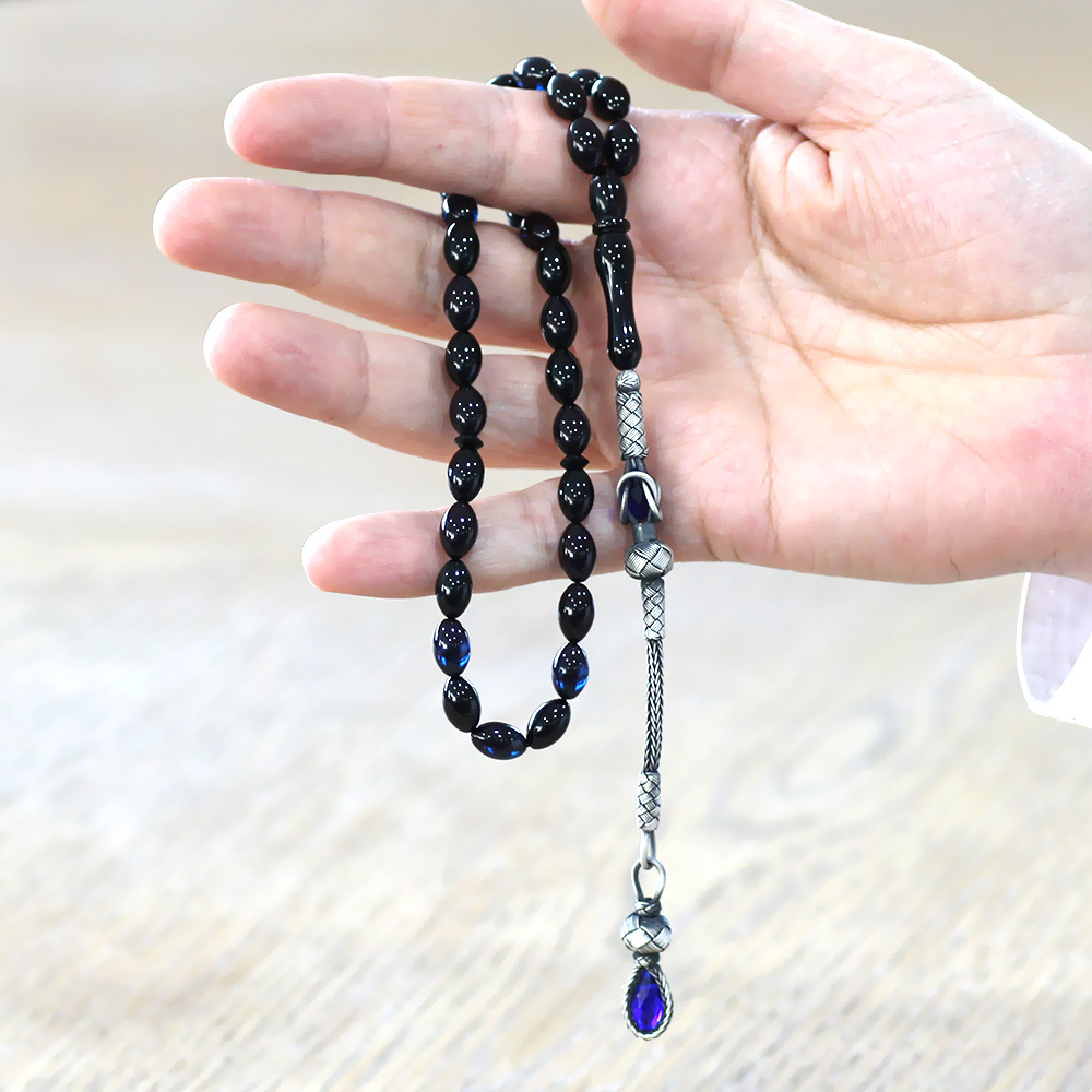 1000 Ayar Gümüş Kazaz Püsküllü Arpa Kesim Mavi Siyah Sıkma Kehribar Tesbih - 2