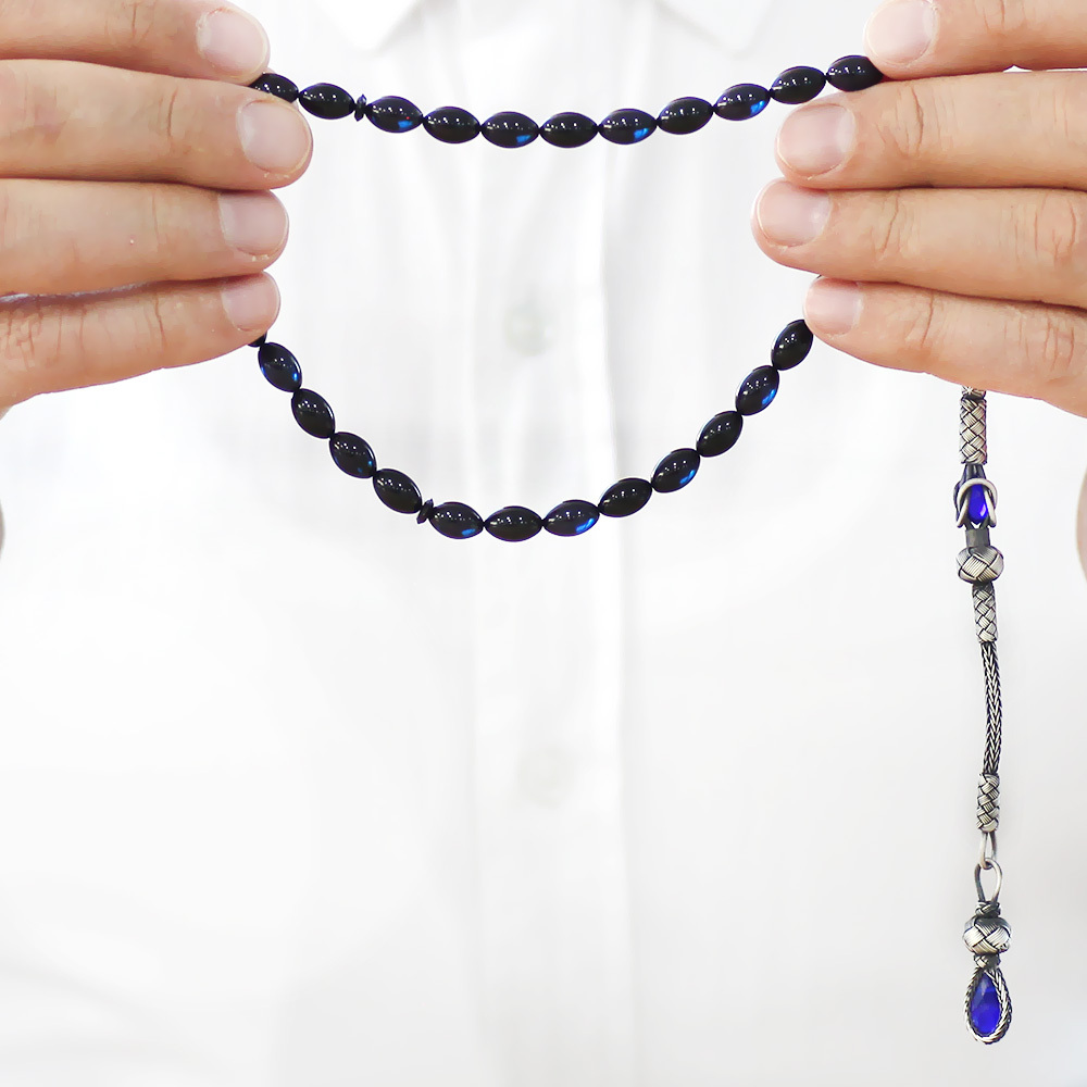 1000 Ayar Gümüş Kazaz Püsküllü Arpa Kesim Mavi Siyah Sıkma Kehribar Tesbih - 3