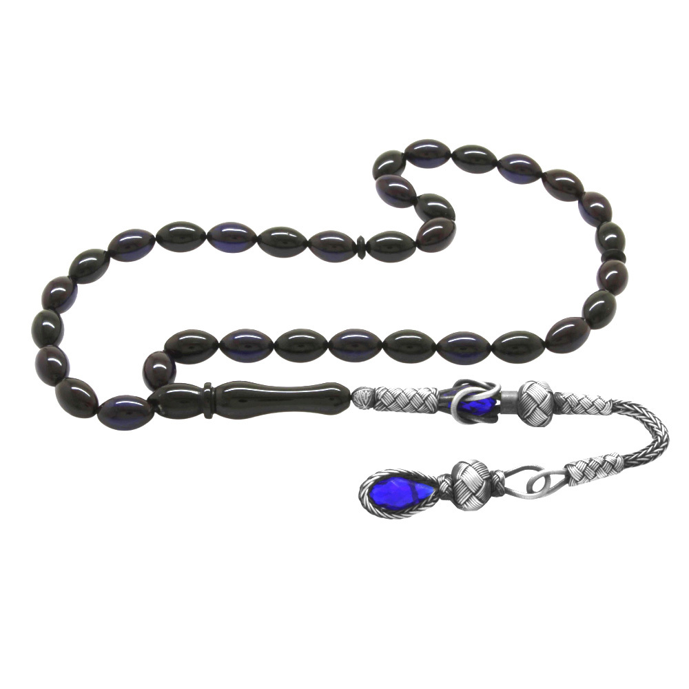 1000 Ayar Gümüş Kazaz Püsküllü Arpa Kesim Mavi Siyah Sıkma Kehribar Tesbih - 4