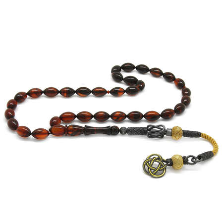 1000 Ayar Gümüş Kazaz Püsküllü Arpa Kesim Siyah-Kırmızı Sıkma Kehribar Tesbih - Tesbihane