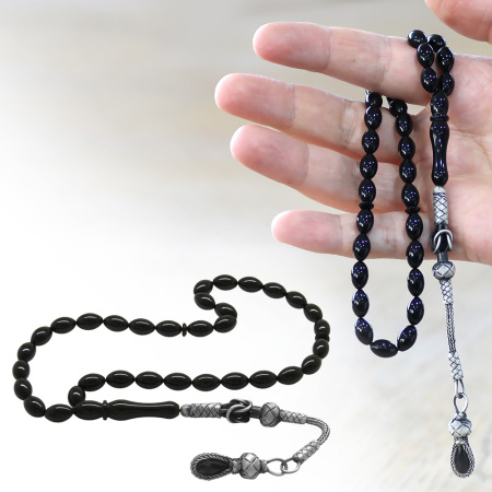 1000 Ayar Gümüş Kazaz Püsküllü Arpa Kesim Siyah Sıkma Kehribar Tesbih - Tesbihane