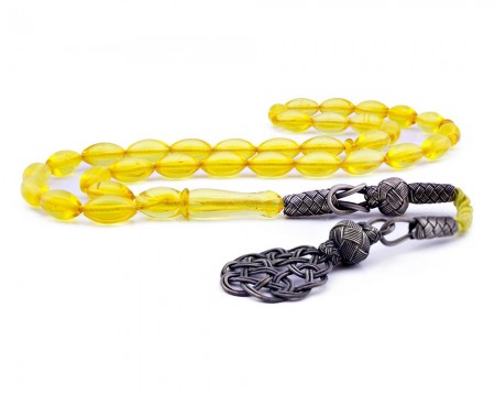 1000 Ayar Gümüş Kazaz Püsküllü Arpa Kesim Su Damlası Kehribar Tesbih - Tesbihane