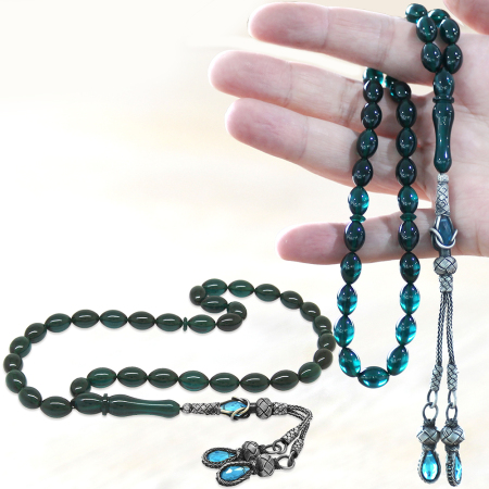 1000 Ayar Gümüş Kazaz Püsküllü Arpa Kesim Su Mavi Ateş Kehribar Tesbih - Tesbihane