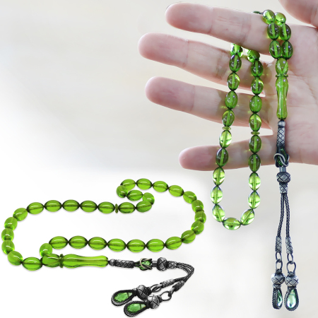 1000 Ayar Gümüş Kazaz Püsküllü Arpa Kesim Su Yeşili Ateş Kehribar Tesbih - Tesbihane