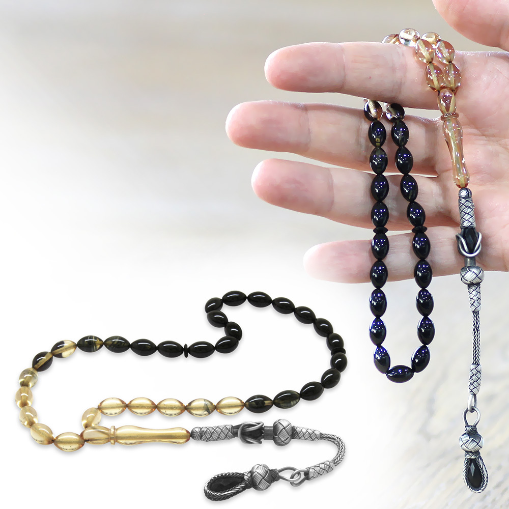 1000 Ayar Gümüş Kazaz Püsküllü Arpa Kesim Süzme Beyaz Siyah Ateş Kehribar Tesbih - 1