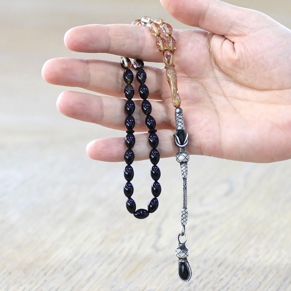 1000 Ayar Gümüş Kazaz Püsküllü Arpa Kesim Süzme Beyaz Siyah Ateş Kehribar Tesbih - 2