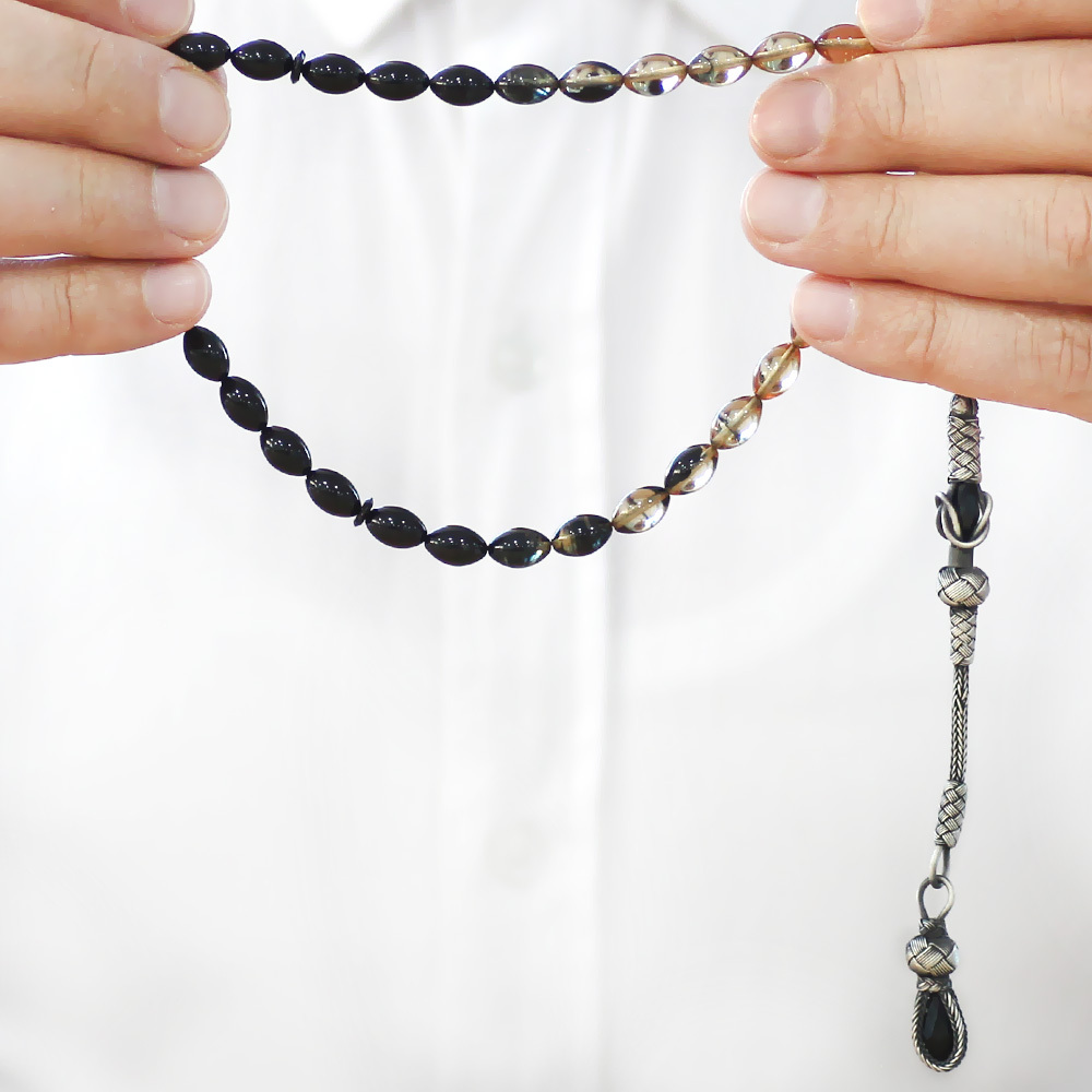 1000 Ayar Gümüş Kazaz Püsküllü Arpa Kesim Süzme Beyaz Siyah Ateş Kehribar Tesbih - 3