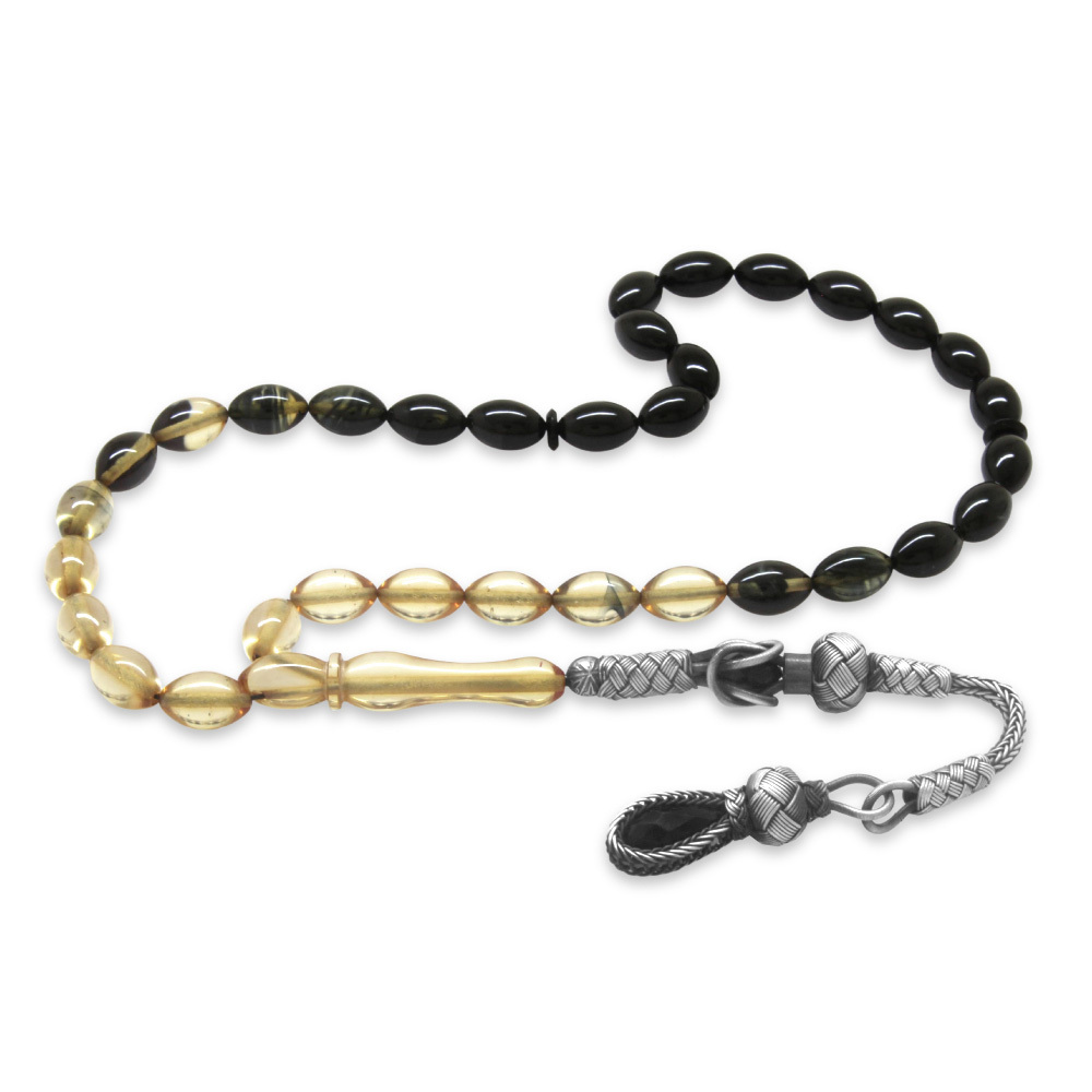 1000 Ayar Gümüş Kazaz Püsküllü Arpa Kesim Süzme Beyaz Siyah Ateş Kehribar Tesbih - 4