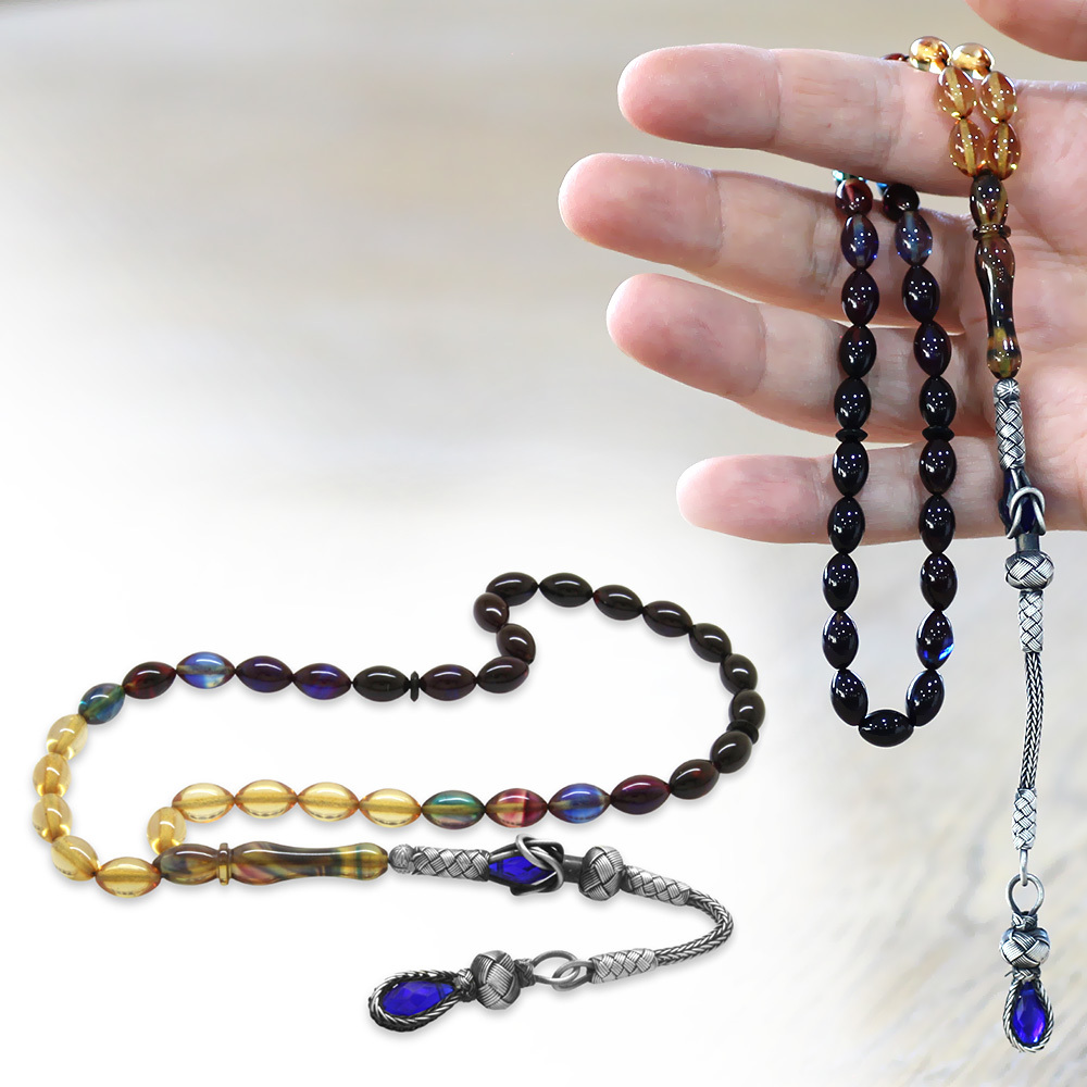 1000 Ayar Gümüş Kazaz Püsküllü Arpa Kesim Süzme Bonibon Ateş Kehribar Tesbih - 1