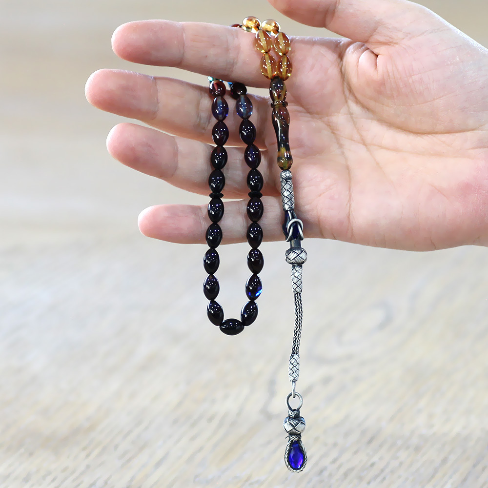 1000 Ayar Gümüş Kazaz Püsküllü Arpa Kesim Süzme Bonibon Ateş Kehribar Tesbih - 2