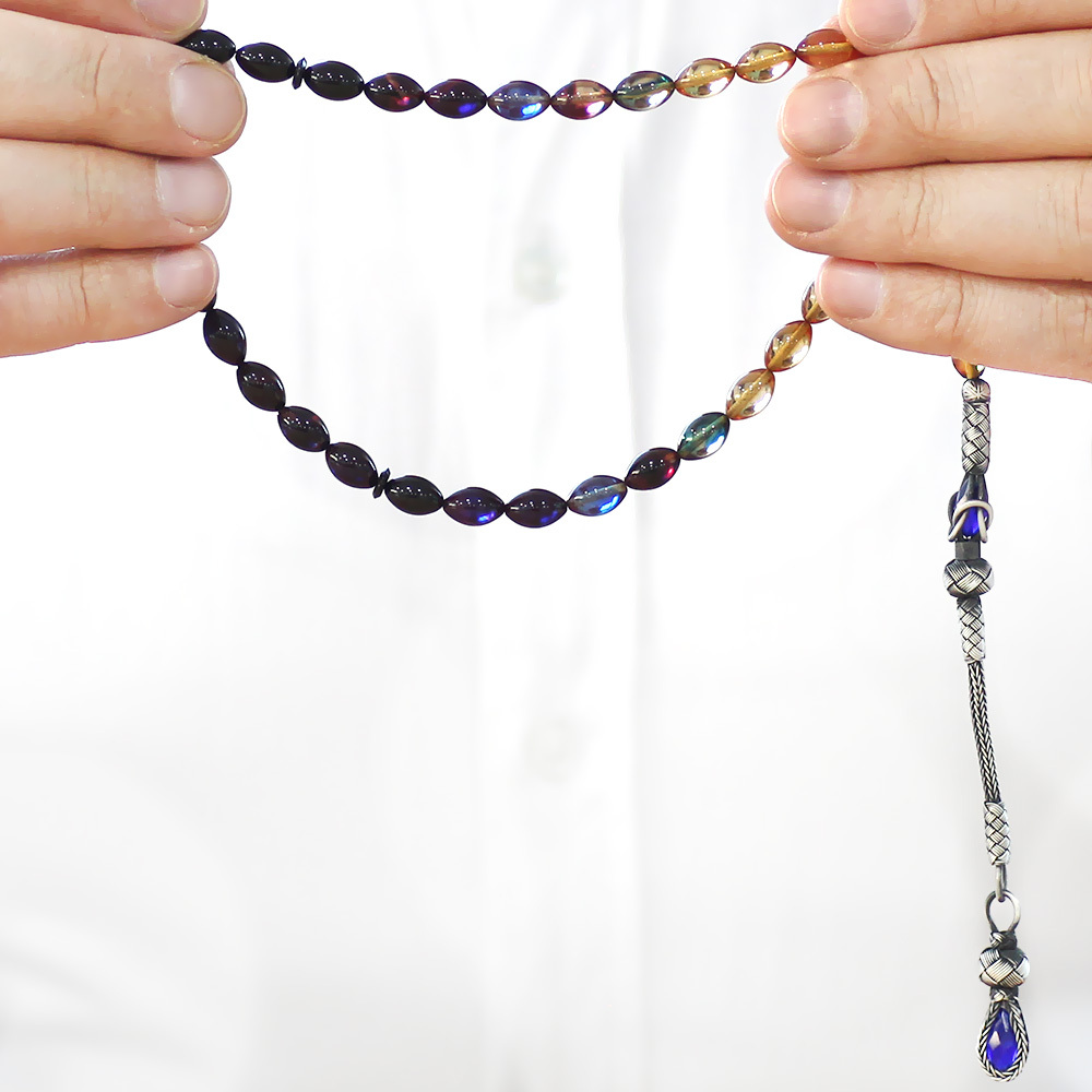 1000 Ayar Gümüş Kazaz Püsküllü Arpa Kesim Süzme Bonibon Ateş Kehribar Tesbih - 3