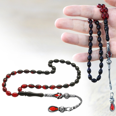 1000 Ayar Gümüş Kazaz Püsküllü Arpa Kesim Süzme Kırmızı Siyah Ateş Kehribar Tesbih - Tesbihane