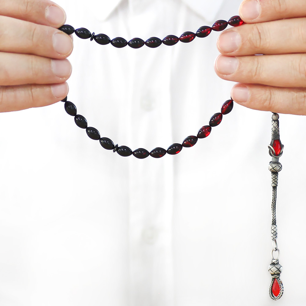 1000 Ayar Gümüş Kazaz Püsküllü Arpa Kesim Süzme Kırmızı Siyah Ateş Kehribar Tesbih - 3