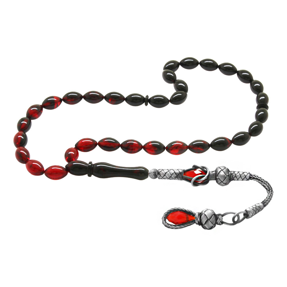 1000 Ayar Gümüş Kazaz Püsküllü Arpa Kesim Süzme Kırmızı Siyah Ateş Kehribar Tesbih - 4